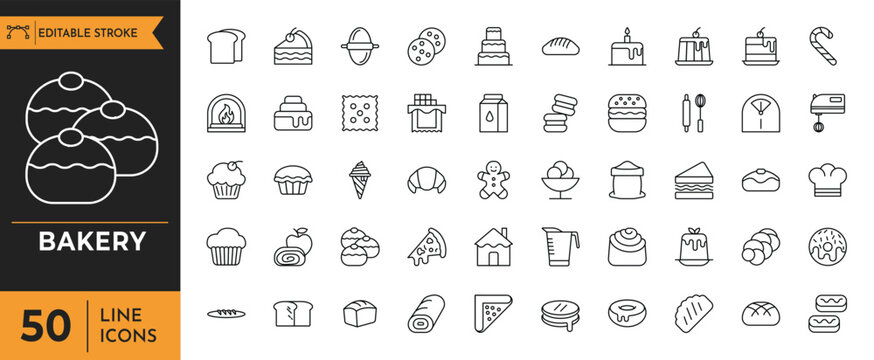 Bakery Outline icon set. Containing bakery, pastry, bread, biscuit, birthday cake, croissant, donut, cookie, and more. Editable stroke. Vector illustration	
