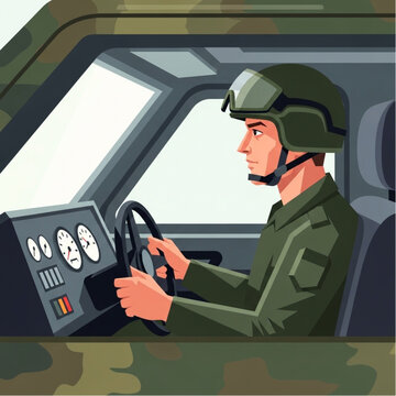 Soldier driving military vehicle illustration.