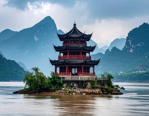 Obraz premium A traditional Chinese pagoda stands majestically on a small island in a serene river, framed by towering mountains under a cloudy sky.