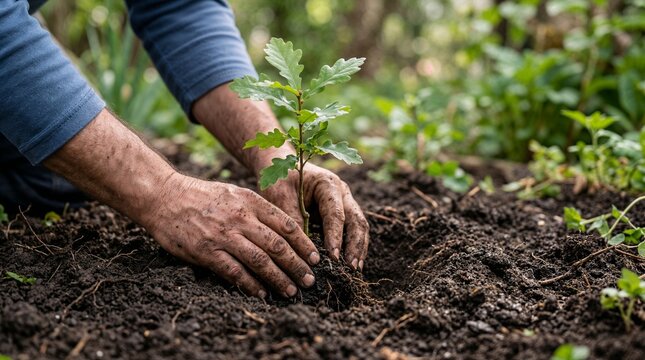 Man planting a small green tree.