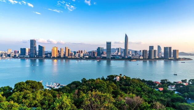 A panoramic view showcases the modern skyline of Haikou, China, reflected in the calm waters of the bay, framed by lush greenery.