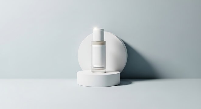 A minimalist product shot of a clear cosmetic roller bottle with a white label on a white pedestal against a light blue background.