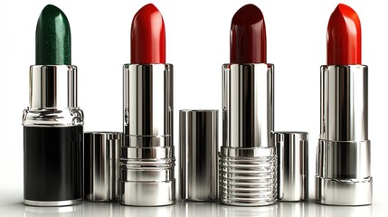 Obraz premium Commercial stock photography, four lipsticks of different colors arranged in a row on a pure white background. 