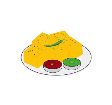 Khaman Dhokla With Chutney And Chilli Indian Gujarati Traditional Food
