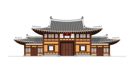 Obraz premium Traditional Korean Hanok Building Facade, Asian Architecture, White Background