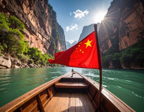 A vibrant red Chinese flag waves proudly from a wooden boat navigating a stunning river gorge landscape, bathed in the warm glow of the sun.