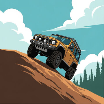 Orange 4x4 Off Road Vehicle Climbing Hill.