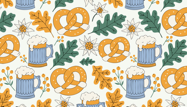 Oktoberfest-themed pattern with beer mugs, pretzels, and leaves