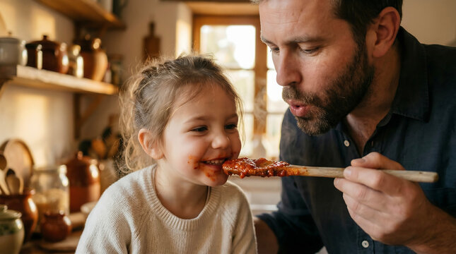 A father lovingly feeds his happy young daughter a spoonful of delicious food while they cook together in a cozy kitchen, creating a heartwarming moment of family bonding