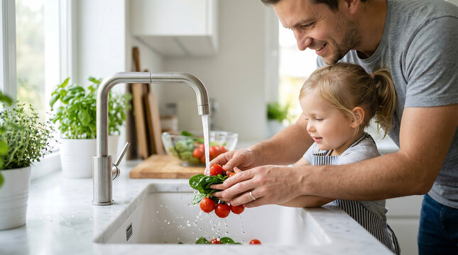 Father and daughter happily washing fresh cherry tomatoes and spinach under a kitchen faucet, preparing healthy food together