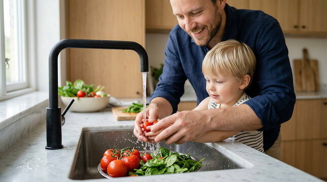 Happy father and son washing fresh vegetables together in a modern kitchen, sharing a joyful moment of healthy food preparation and family bonding