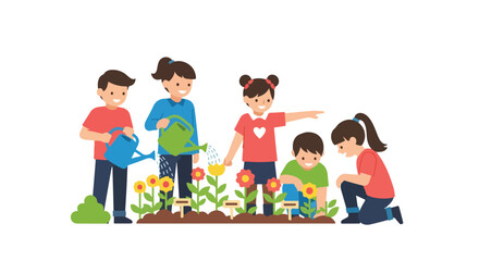 Obraz premium Five happy kids are working together in a garden, watering and planting colorful flowers while enjoying a beautiful day of outdoor activity.