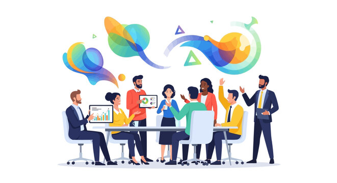 An animated business team gathers for a presentation, reviewing sales data charts and graphs in a company meeting, with a clean white background and an optimistic, colorful art illustration