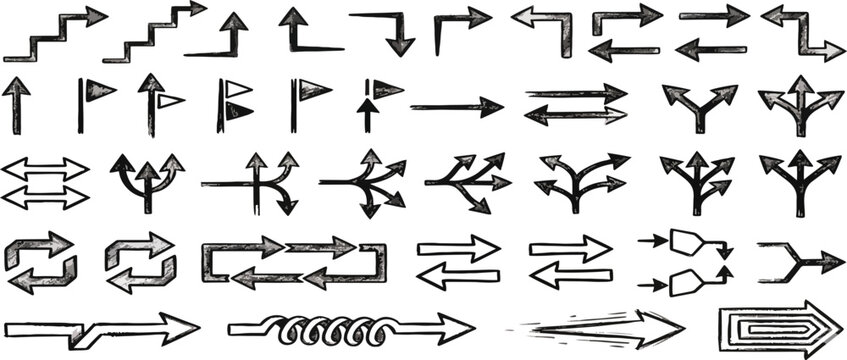 Arrow crayon pastel pencil chalk color line stroke. Sketch chalk pastel color pencil texture line kid fun arrow icon. Hand drawn grunge crayon pencil brush direction elements. Vector illustration