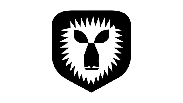 Minimalist baboon shield logo design, abstract primate head in crest icon, vector heraldic monkey symbol isolated on white