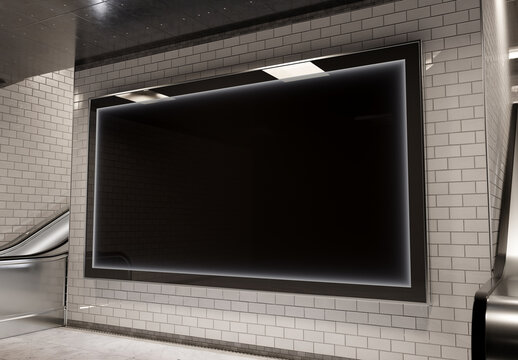 Blank billboard on underground wall. Large horizontal hoarding mockup in white subway station. 3D rendering