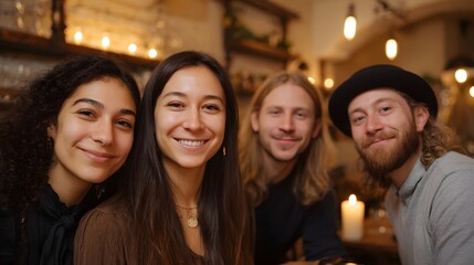 Naklejka premium A group of diverse friends share a genuine moment of laughter and connection in a warm cozy cafu00e9 setting