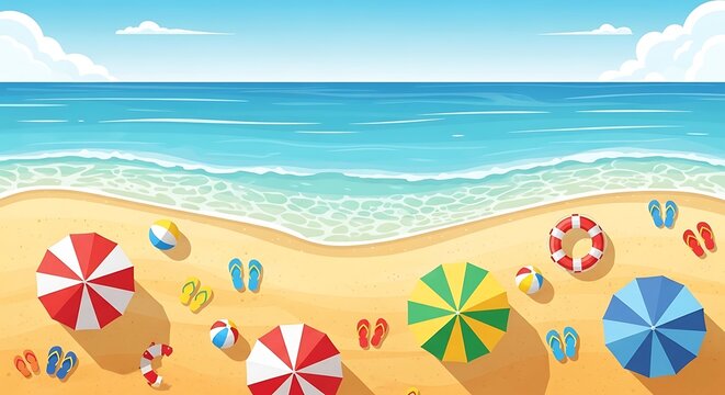 Colorful beach scene with umbrellas sand.