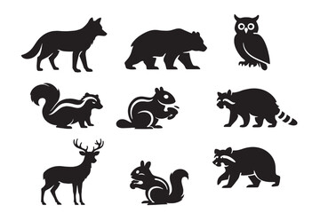 Obraz premium Forest animal silhouettes collection, 9 black woodland creature icons, minimalist wildlife vector set with bear, deer, fox, and owl for nature branding