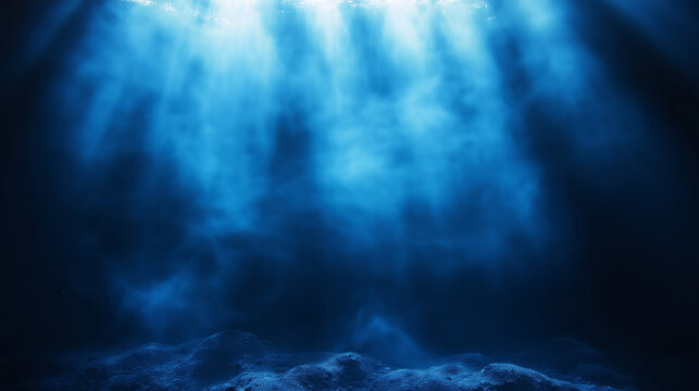 Dark underwater scene with soft light rays. Atmospheric and mysterious ocean depth.