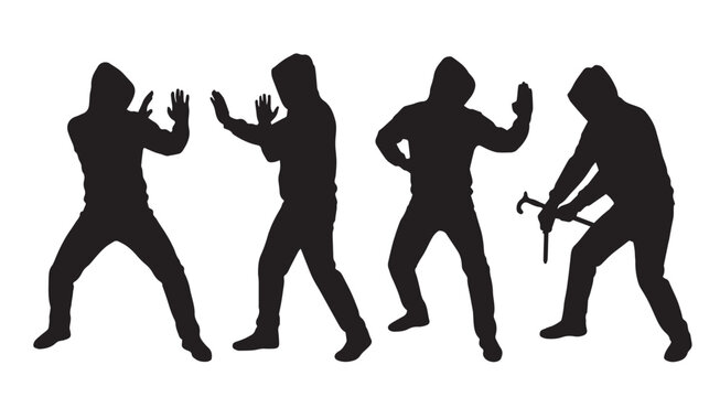 Criminal burglar silhouette set, hooded thief character vector icons, masked man breaking in with crowbar, home security and crime concept