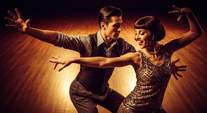 Man and woman dancing Charleston in retro style. Couple performing vintage swing dance on stage. Professional ballroom dancers in classic elegant clothing. Art deco era performance concept.