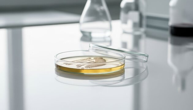 Petri dish with piece of human skin or bacteria culture on laboratory table. Microbiology research in science lab. 