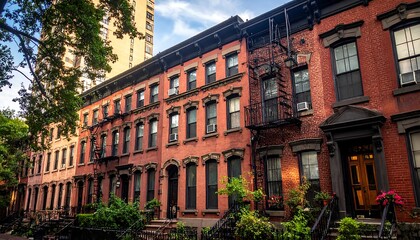 Obraz premium A block of red brick row houses with fire escapes, under a bright sky and leafy trees