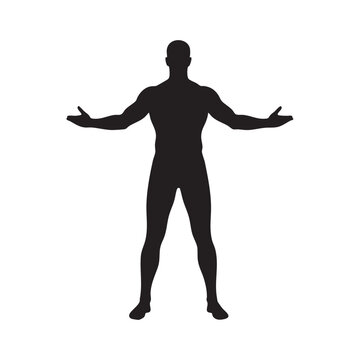 Black silhouette of a muscular man standing with arms outstretched, isolated on a white background, representing a heroic or welcoming stance for