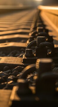 Close-up of Railroad Tracks at Sunset.