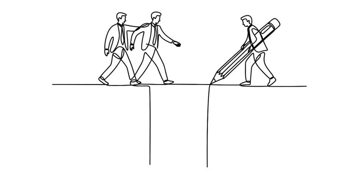 A single line drawing illustrating business professionals bridging a gap with a large pencil tool. Vector, illustration
