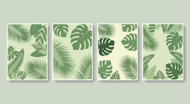 Set of 4 Green Tropical Leaf Vector Backgrounds