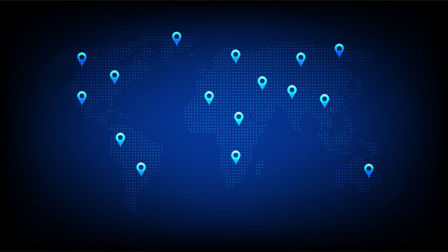 Technology world map with blue location pins representing global connections and international network coverage