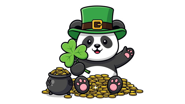 Cartoon panda wearing leprechaun hat holding four leaf clover with pot of gold coins vector illustration