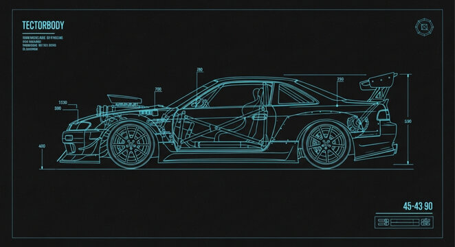 Futuristic Sports Car Blueprint Design on Black Background.