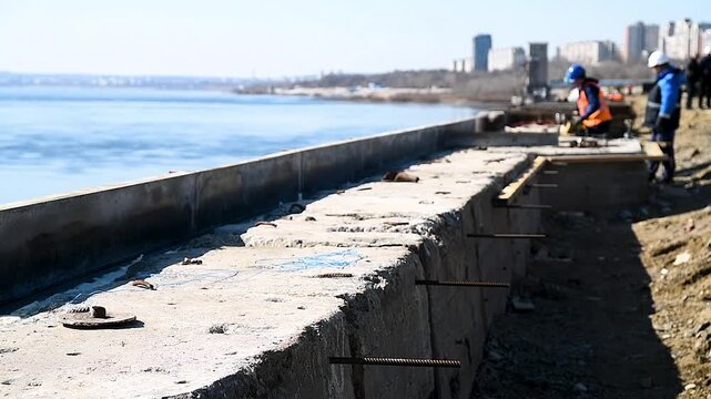 Construction site on the shore of a reservoir.