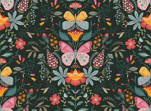 Vector seamless pattern with ornate butterflies, flowers and plants. Folk art floral natural endless background.