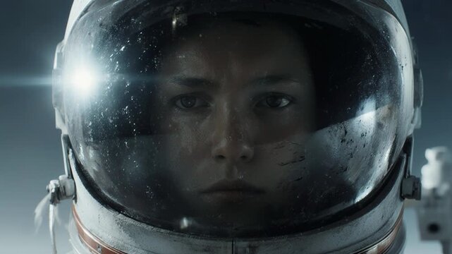 Female astronaut in a space helmet gazes intently into the distance, showcasing determination and focus against a backdrop of stars and cosmic elements