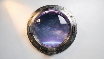 Naklejka premium Circular metal porthole offers an expansive vista of deep space, showcasing a colorful nebula and distant stars, with a partial view of a planet (edited)