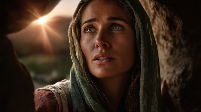 Mary Magdalene standing beside the empty tomb of Jesus at dawn, filled with wonder and sorrow in a quiet biblical resurrection scene