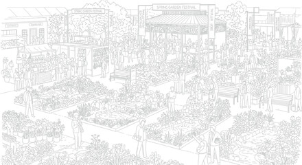 Obraz premium Diverse groups of people explore an outdoor botanical garden show featuring various flower beds and decorative water features during a sunny spring garden festival held in a public park urban setting