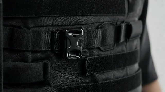Individual secures black tactical vest buckle with a firm grip, showcasing the fastening mechanism and surrounding fabric details in a well-lit indoor setting