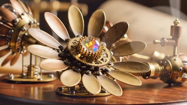 Steampunk clockwork daisies winding open with gears.