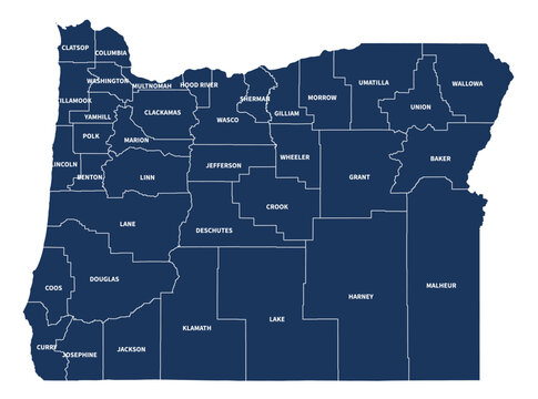 Oregon Counties Map with Labels, Editable Vector