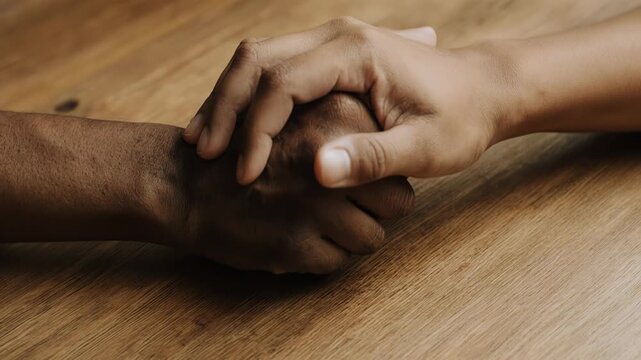 Two hands of different ethnicities gently clasp together on a wooden table, showcasing a moment of connection and unity in a warm, inviting setting