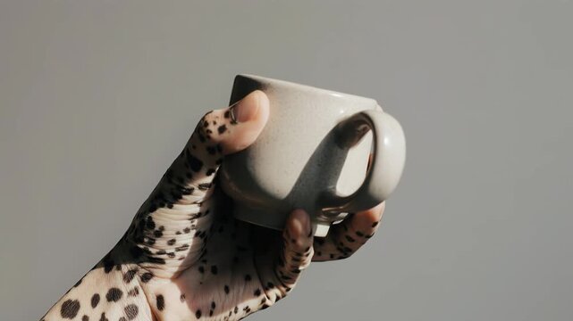 Hand with intricate henna design holds a small ceramic cup, showcasing a gradual shift in angle and perspective against a neutral background