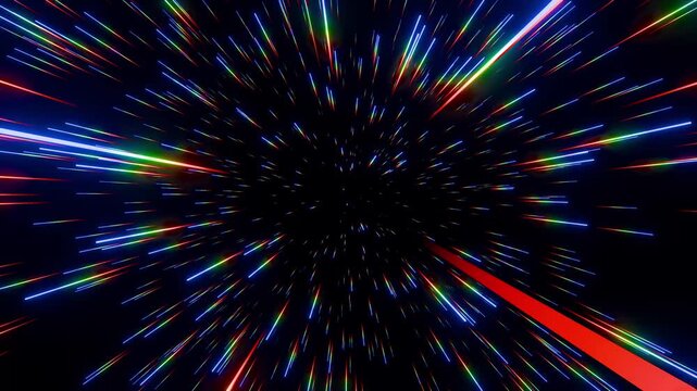 Traveling at high speed through a warp tunnel in deep space with colorful glowing RGB star trails in endless loop.