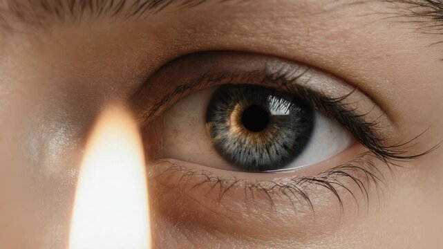Close-up of a human eye with a flame in the foreground, showcasing the intricate details of the iris and eyelashes, highlighting the contrast of light and shadow