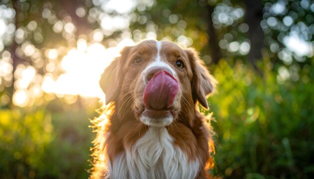 A brown and white dog licks its nose in bright sunlight against green foliage in a warm, bokeh-filled outdoor setting