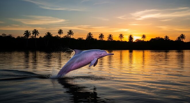 Amazon River Dolphin Leaping: A pink Amazon river dolphin breaches the dark water under vivid, colorful hues of tropical sunset.